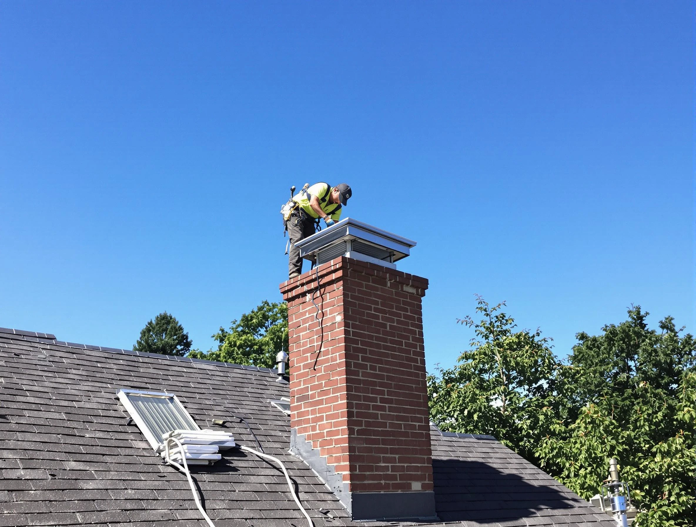 Boston Chimney Sweep technician measuring a chimney cap in Boston, MA