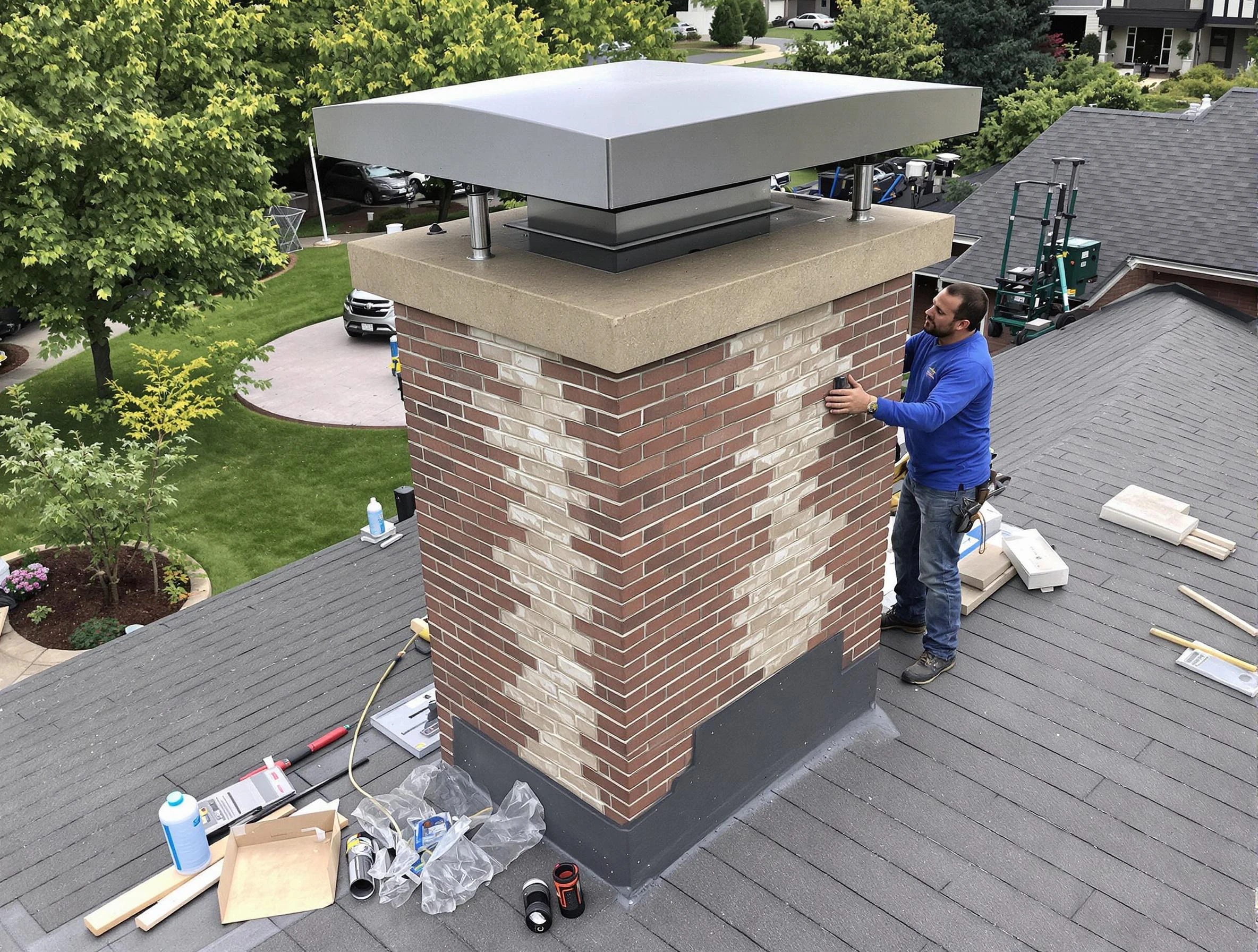Boston Chimney Sweep team working on a custom chimney remodel in Boston, MA